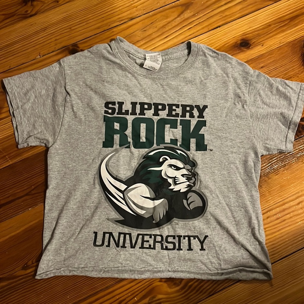 Slippery rock university cropped tee men’s size small, fits women size medium